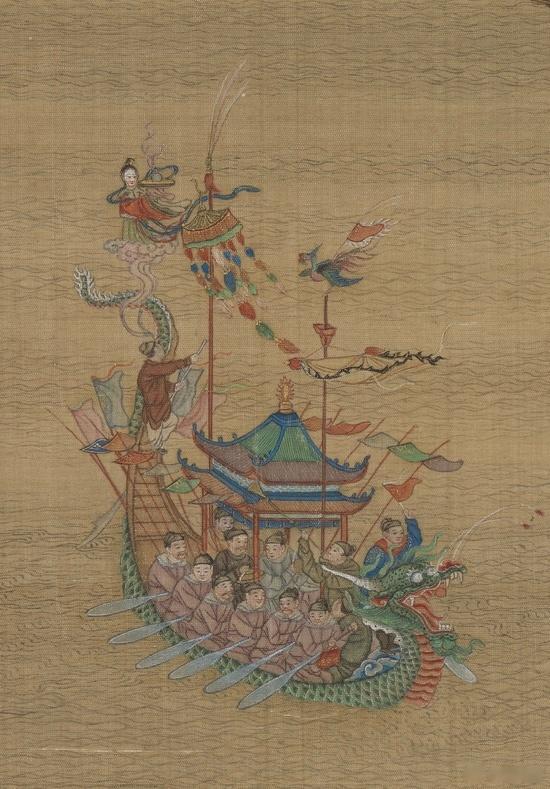 看图一二龙舟尾部站着仙女和张天师，估计是抬阁装置。明人记载：“龙首至尾，金光夺目