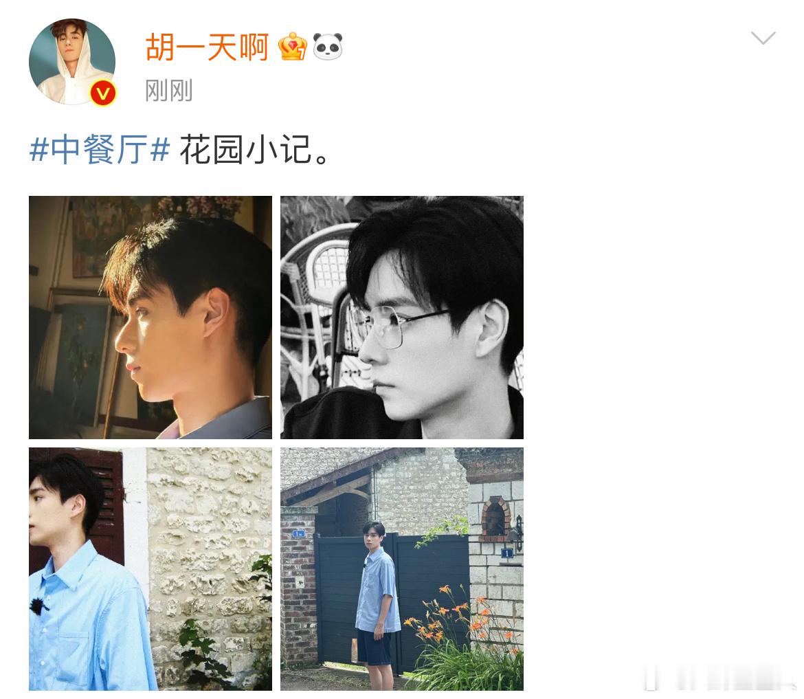 #娱乐[超话]##胡一天花园小记#胡一天中餐厅花园小记，明品侧颜好帅气，一起来看