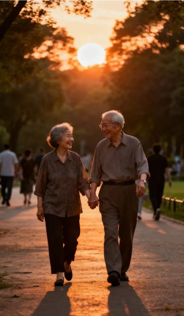 最美不过夕阳红，
温馨又从容。
两情若是久长时，
晚年陪伴意更浓。