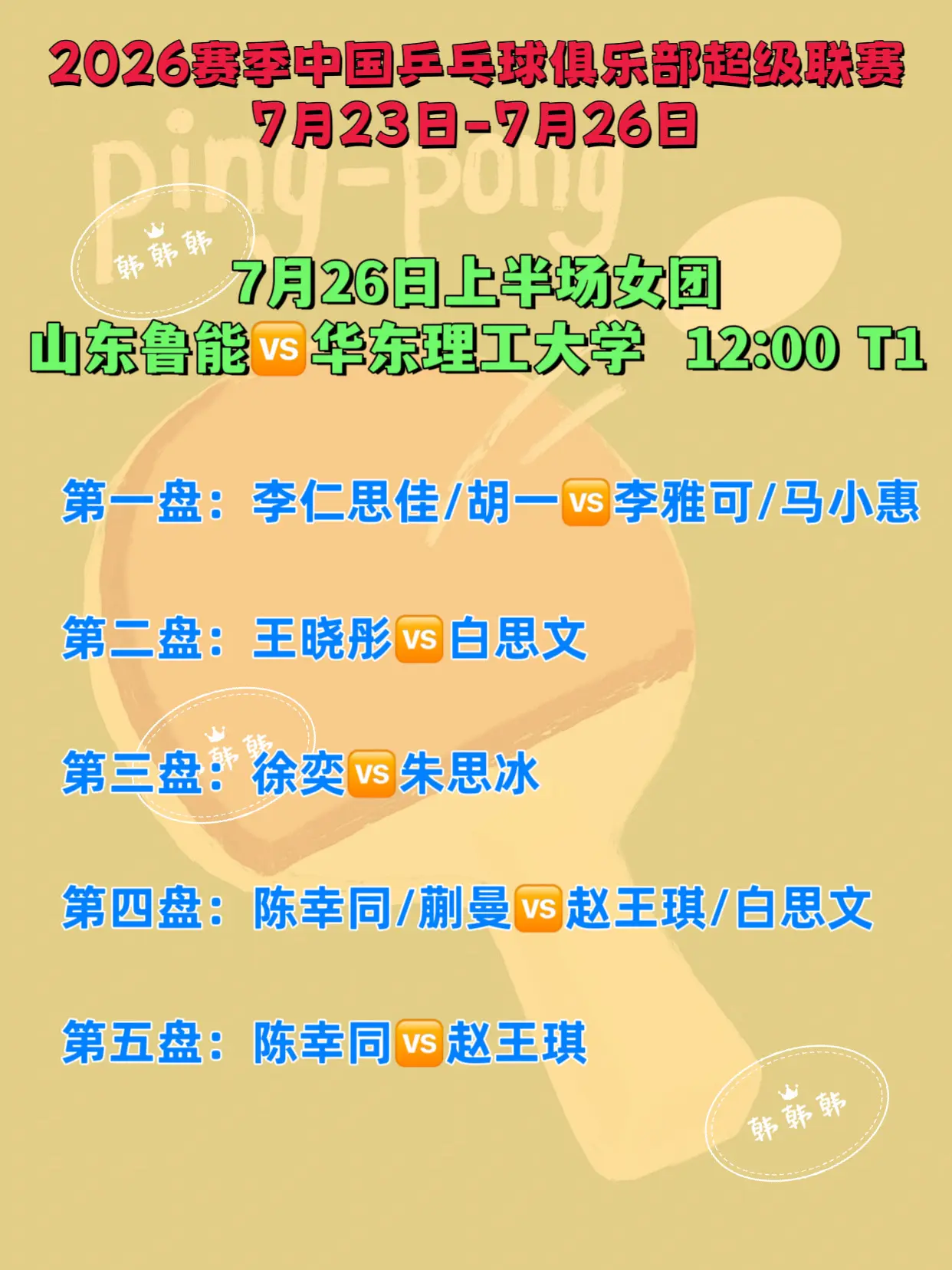 中国乒超联赛。山东鲁能vs华东理工对阵名单 徐奕首上场
