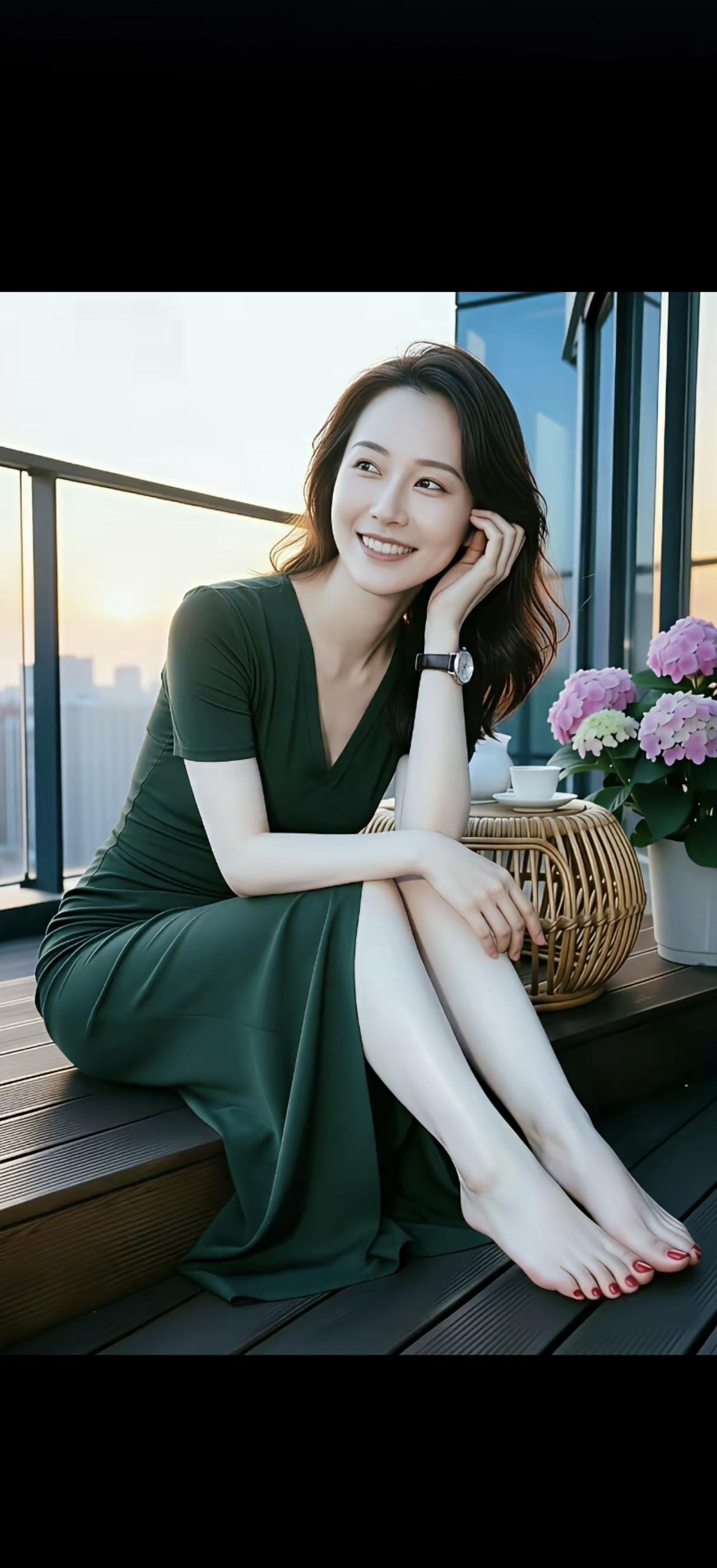 一个美女坐在阳台上，享受着夕阳。