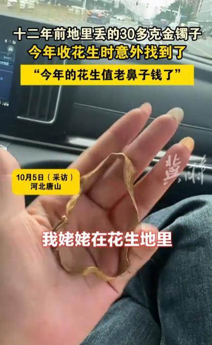 12年前丢的金镯子，今年收花生在地里找到。我只想感叹，大地真是一个无声的存宝箱，