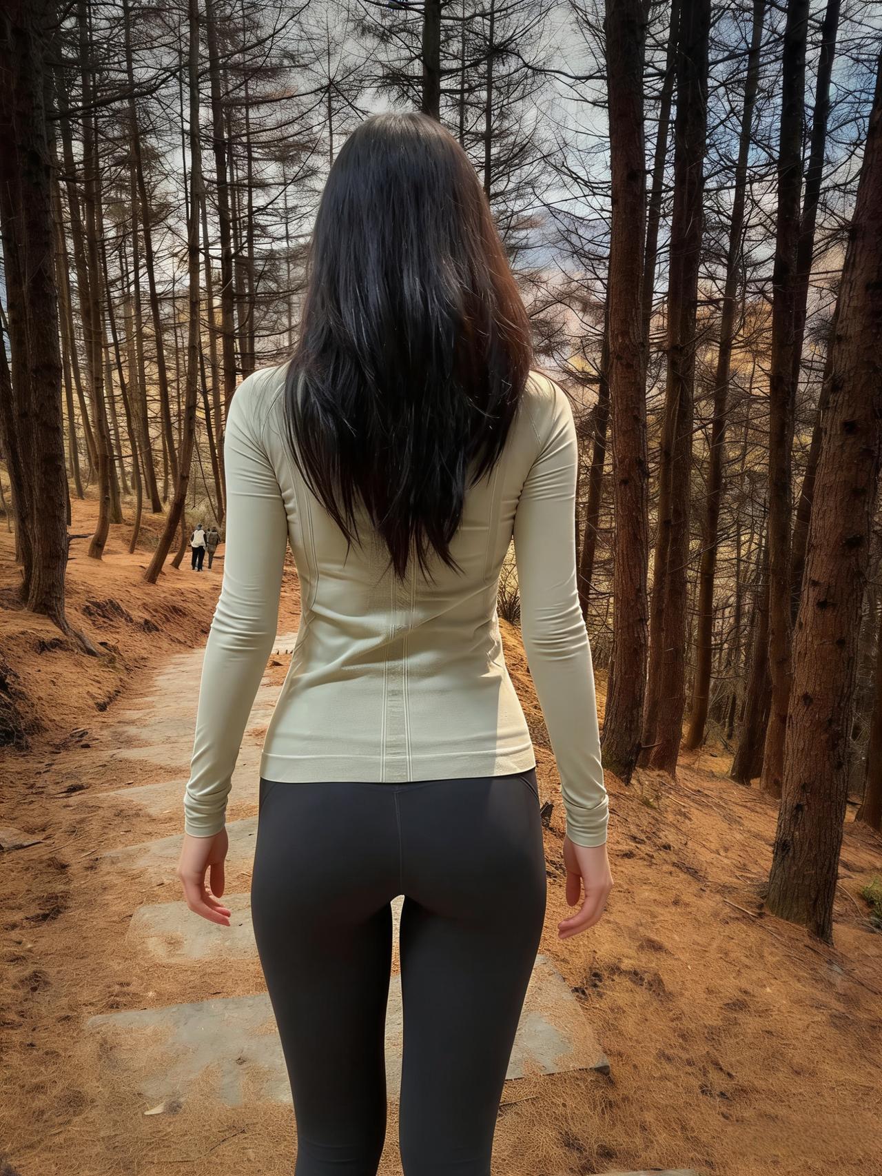 不向镜头旋，回身映暮天。
裤紧身姿俏，臀丰韵味绵。
清姿融背景，雅态入诗篇。
百