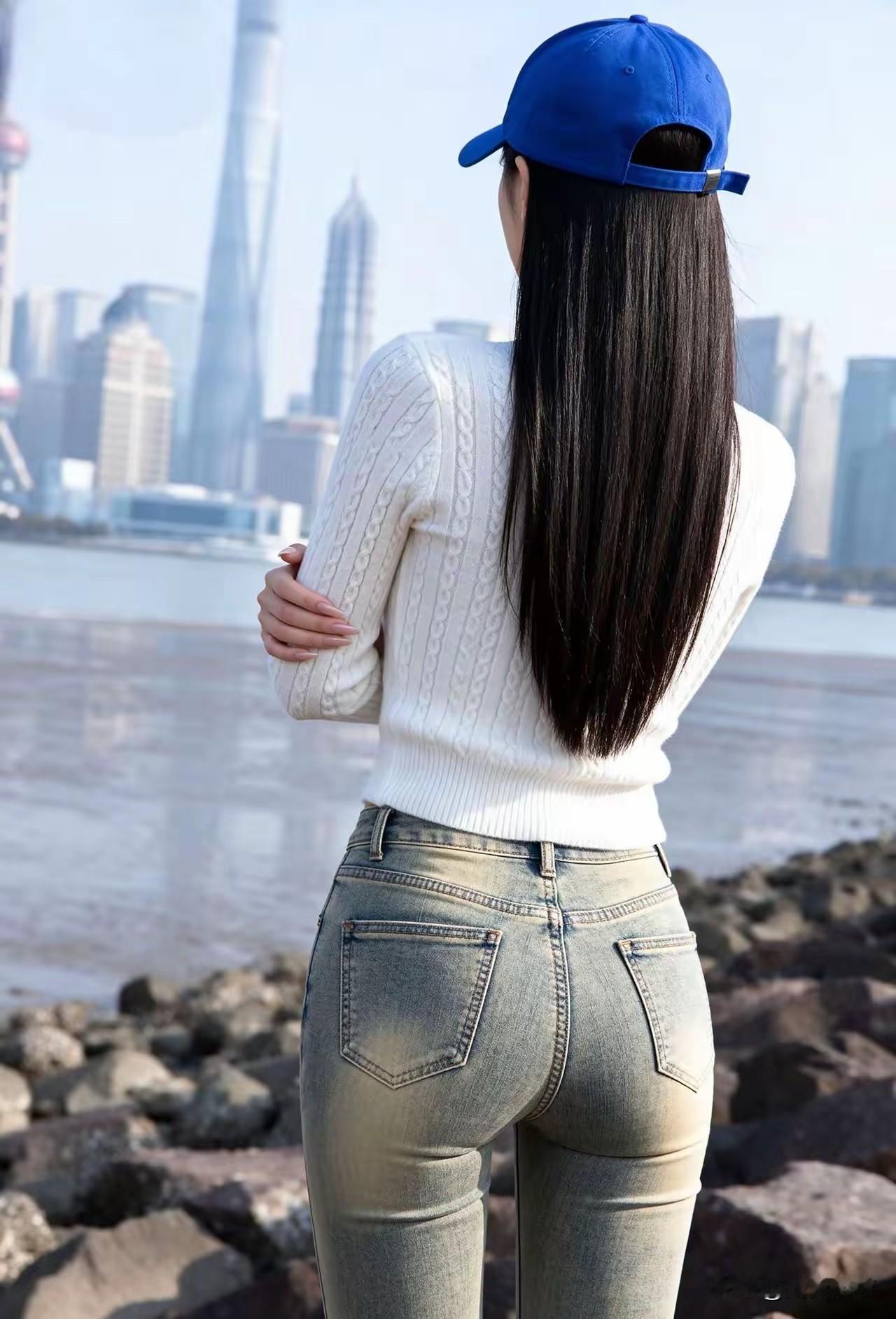 都市少女背对上海天际线，蓝帽白衫，牛仔裤，时尚又好看背影女神 极品身材 性感女神
