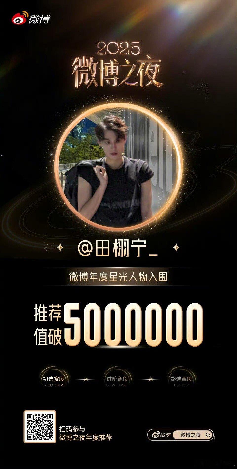 田栩宁星光人物初选赛推荐值破500万恭喜在微博年度星光人物 初选段评选中，推荐值