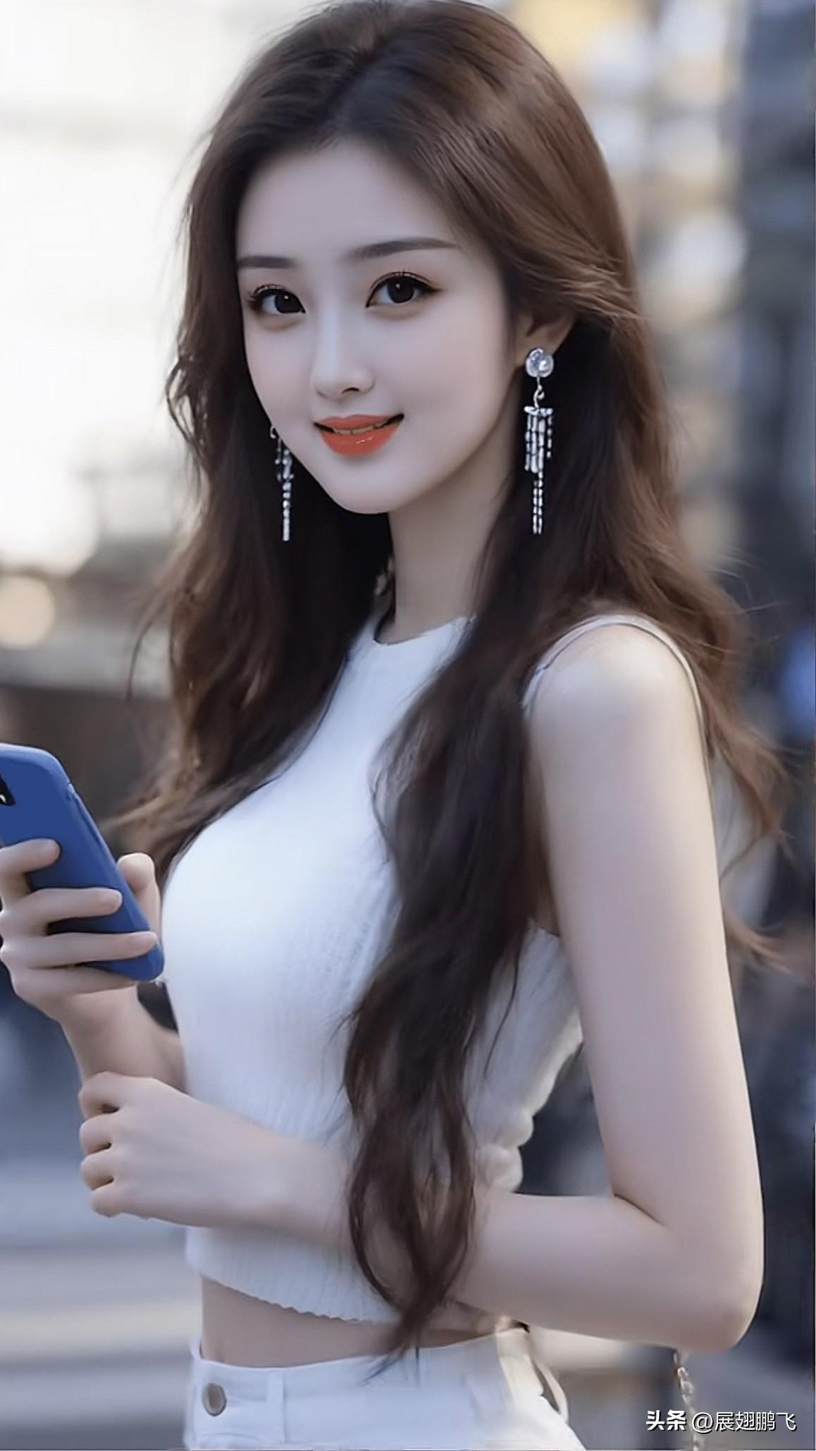 甜美少女风，白色上衣搭配长卷发，手机自拍美照！💕📸淡雅白装自拍 甜美白系自拍