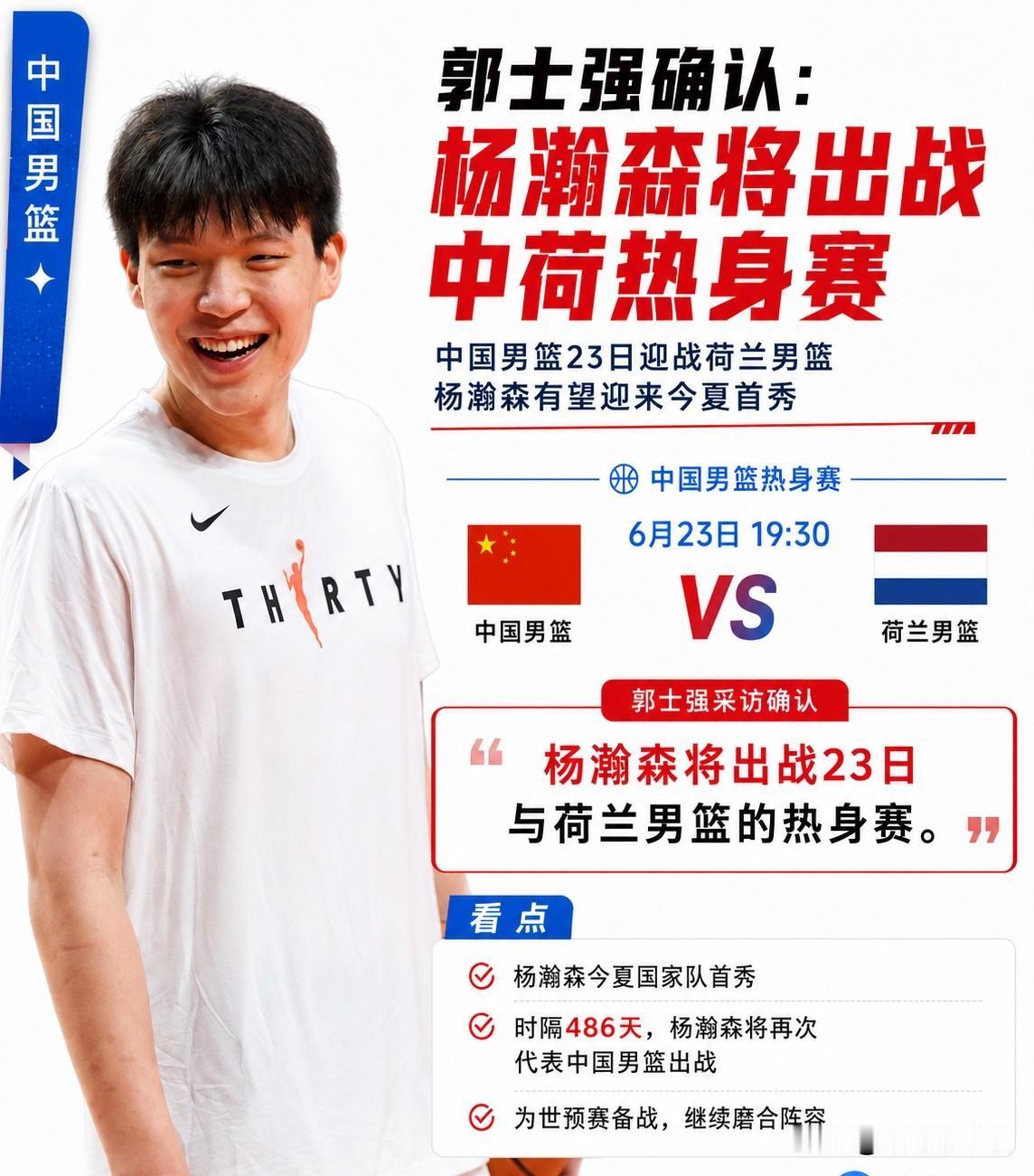 中荷大战一触即发：中国男篮名单公布，杨瀚森贺希宁回归！
6月23日，中国男篮迎来
