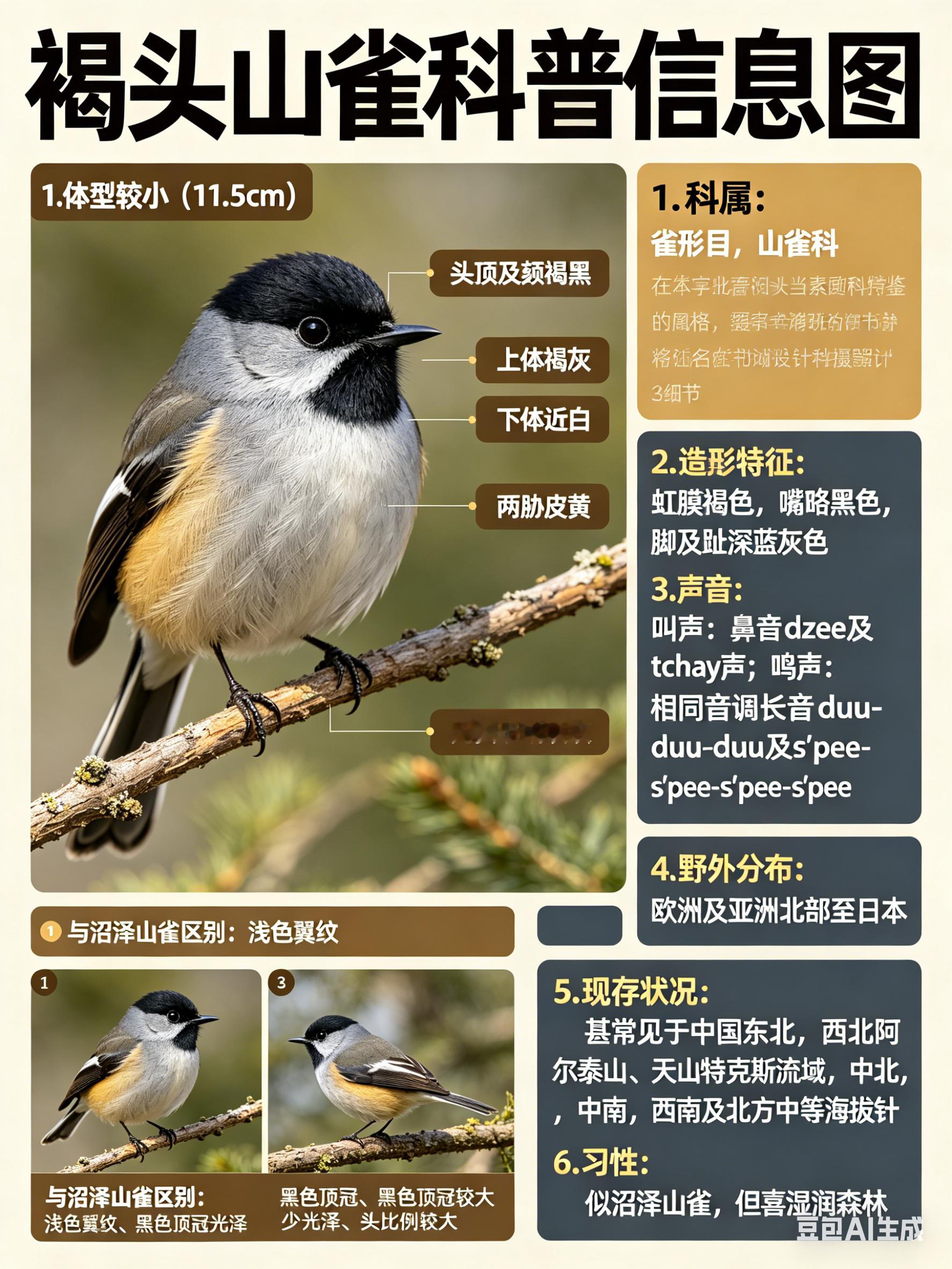鸟类朋友图鉴 褐头山雀·科属：雀形目，山雀科。·外形特征：体型较小（11.5cm