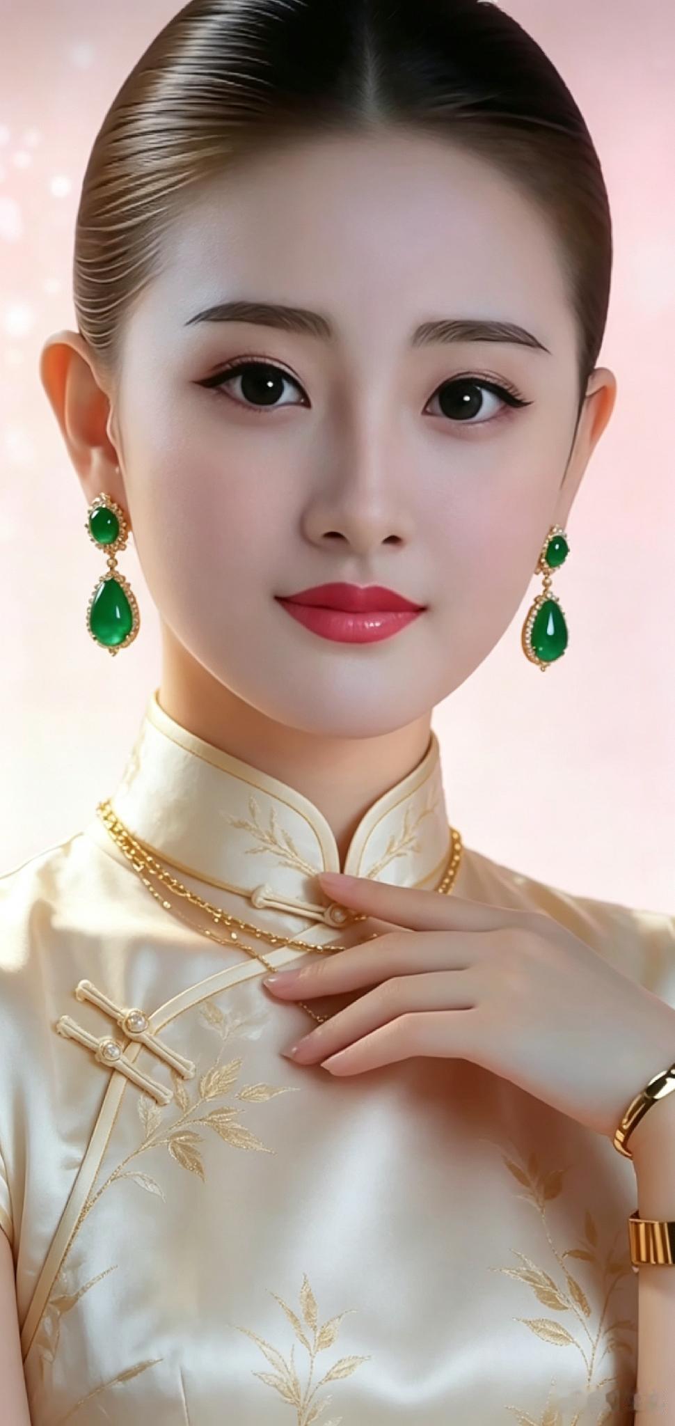 这位女士穿着旗袍，配着翡翠耳环，好优雅！