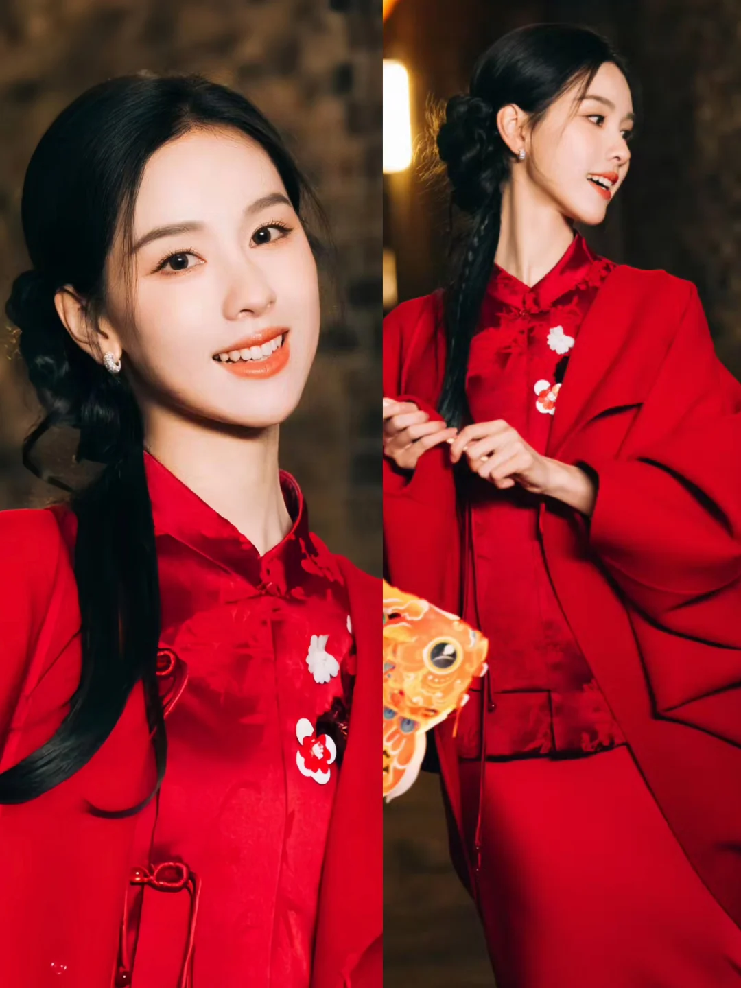 陈都灵新年造型，一身红色旗袍年味十足