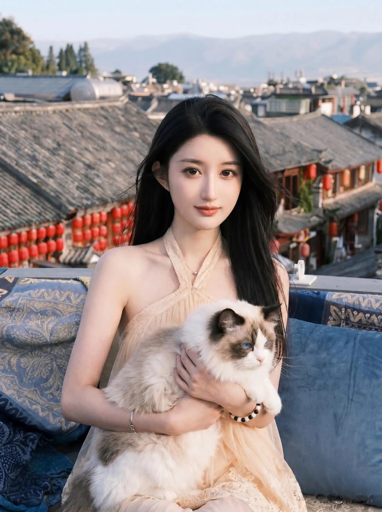 猫儿卧美人怀，古风韵悠长 ，唯美画面动人心[比心]