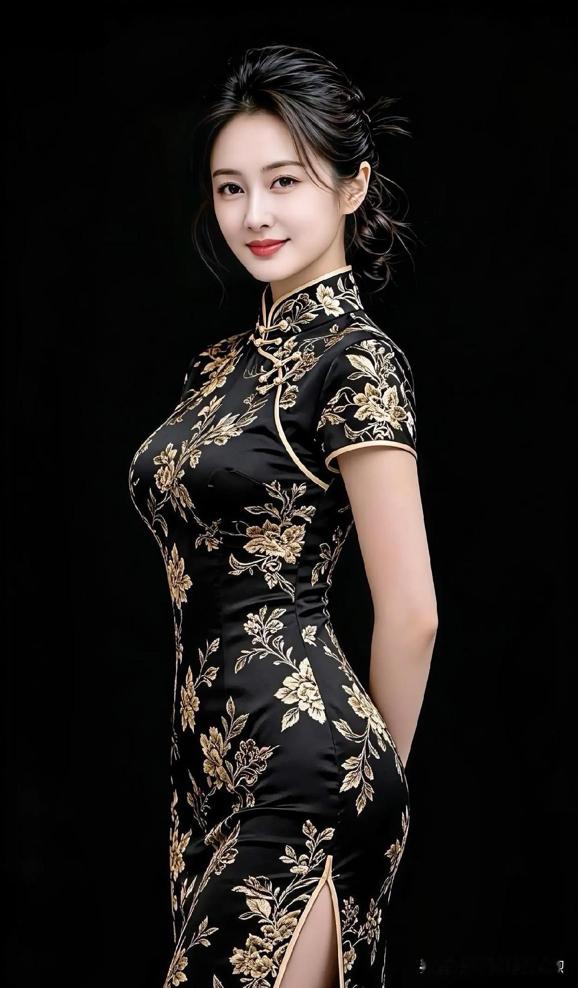 【现代散文诗】

墨底金花绣旗袍，身姿婀娜韵自高。

回眸浅笑嫣然意，暗香浮动醉