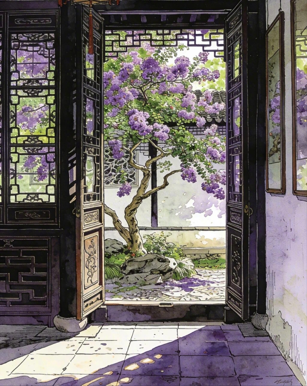 临窗听春雨，风轻落花催。 