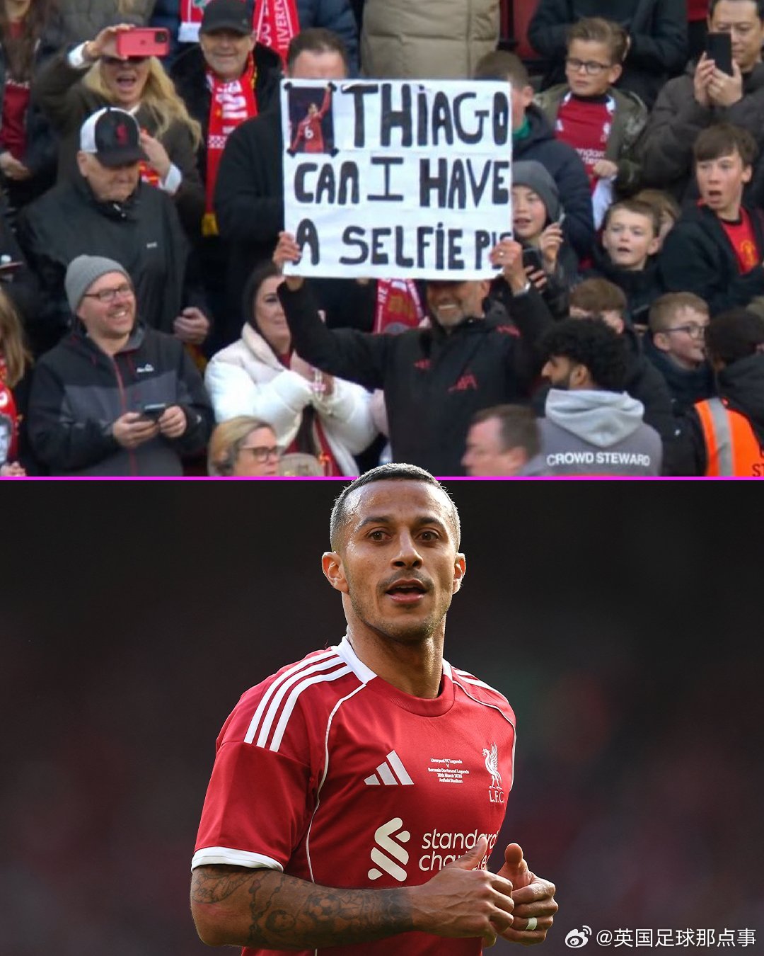 TNT：利物浦传奇队对阵多特传奇队的比赛中，克洛普举的牌子上写着：“蒂亚戈，可以