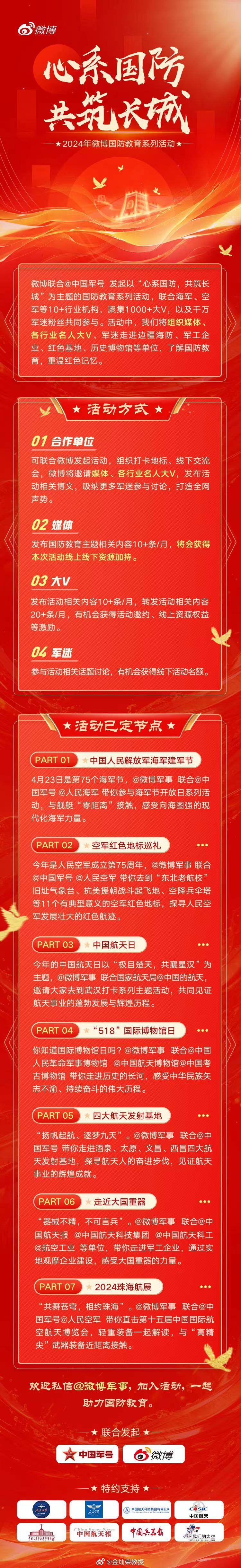 微博联合共同发起“心系国防，共筑长城”国防教育主题系列活动挺好！4月海军节、中国