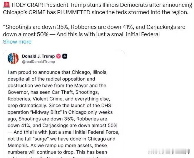 特朗普总统宣布，自从联邦执法力量进入该地区以来，芝加哥的犯罪率大幅下降。

“枪