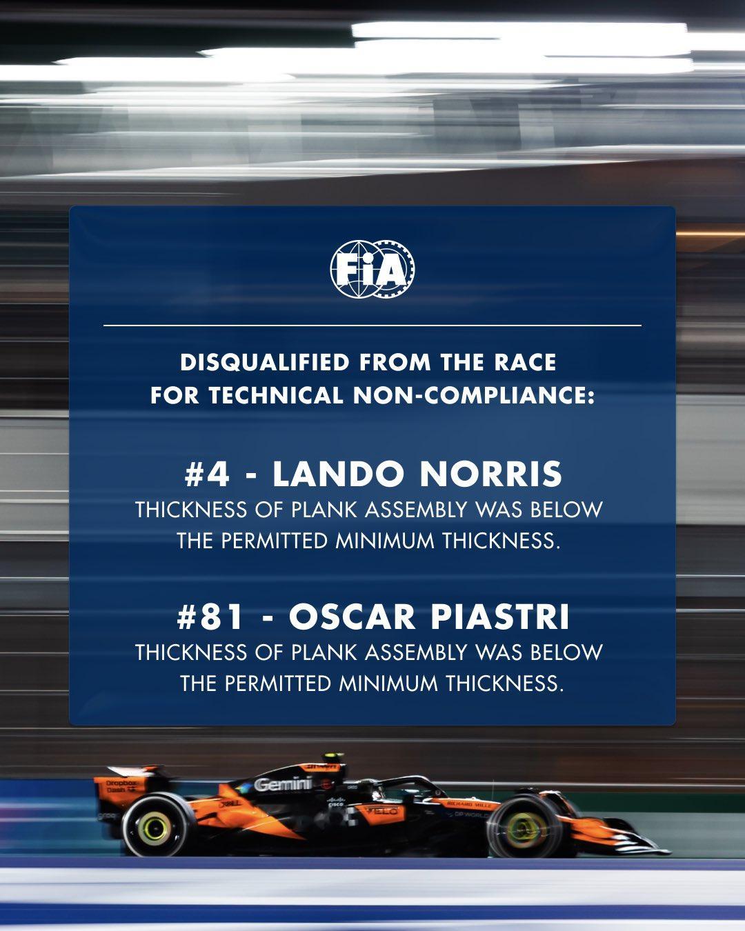 迈凯伦解释了诺里斯和皮亚斯特里被取消成绩的原因：👇“在正赛过程中，两辆赛车都出