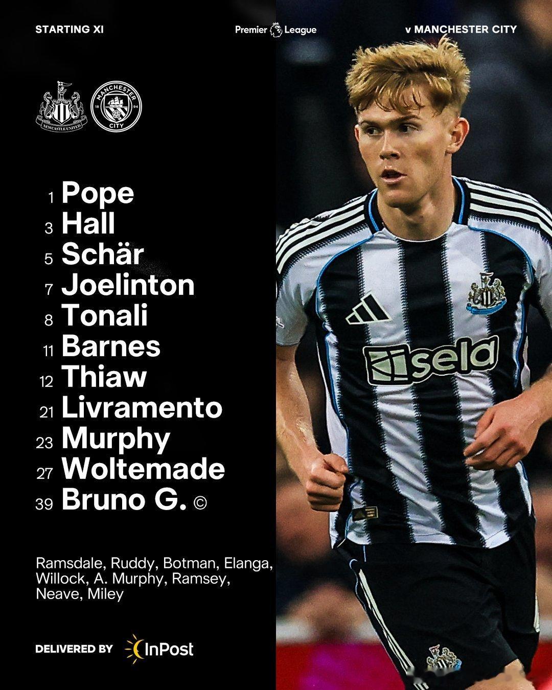 首发阵容⬇️ 01:30开赛！纽卡首发：1-波普、3-刘易斯·霍尔、12-佳夫、