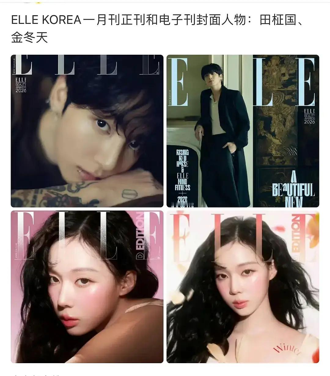 男主外女主内田柾国和金玟庭共同拍摄的ELLE一月正刊和电子刊已经有粉丝拿到手了 