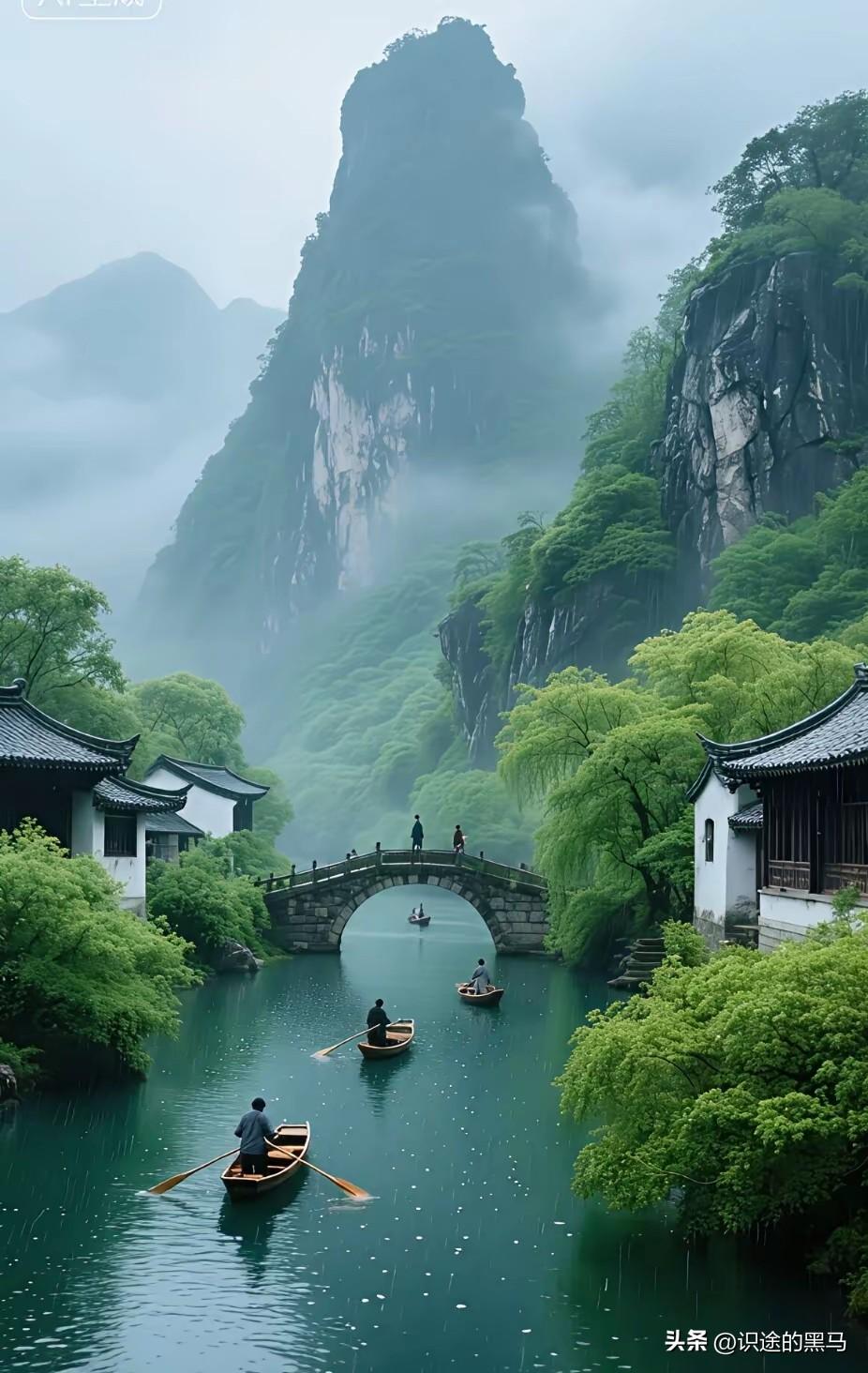 《溪水闲赏》

文/范圣嘉
 
层峰叠翠入云遥，
浅碧轻舟渡石桥。
细柳随风拂襟