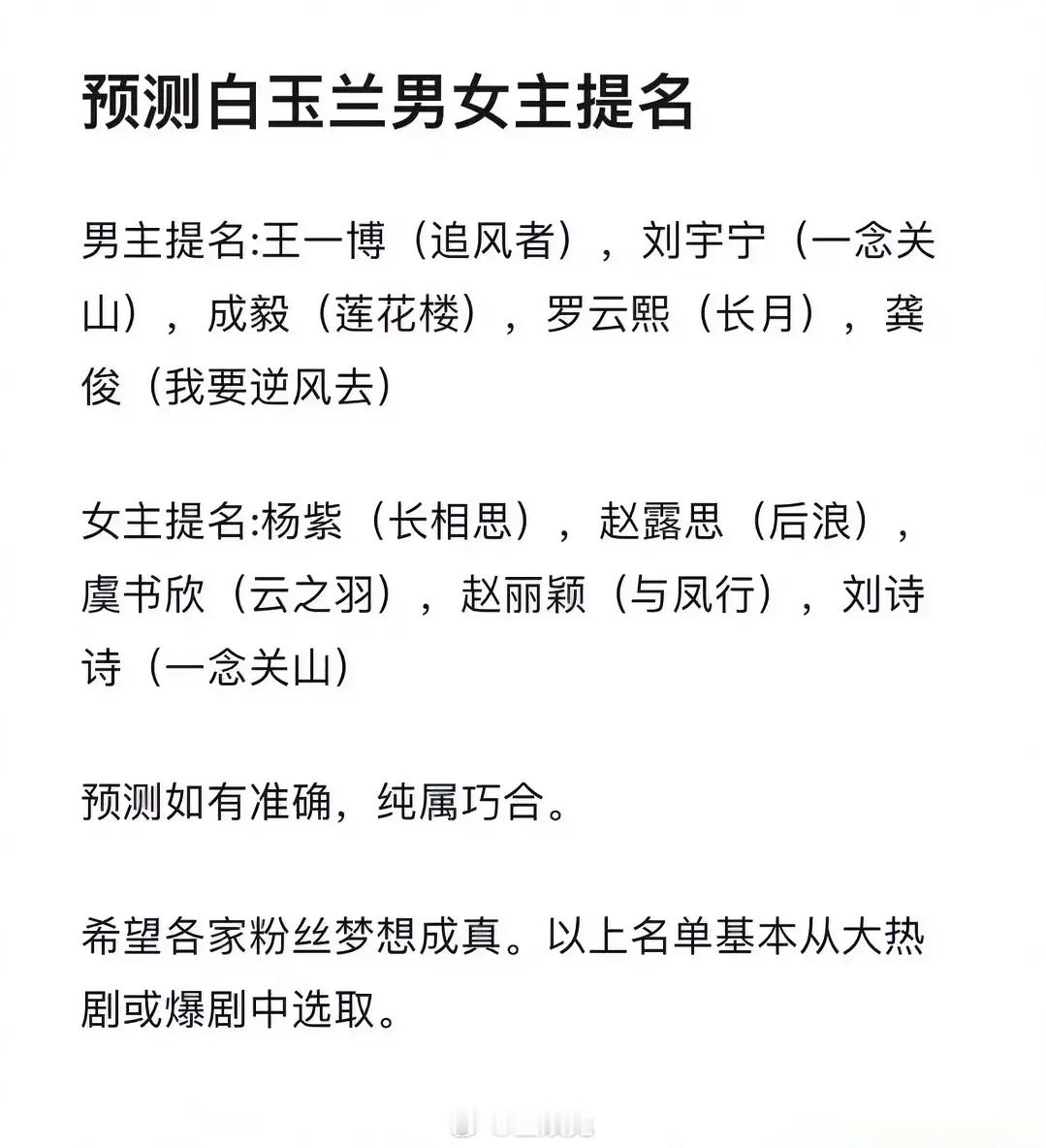 网友预测白玉兰男女主提名！男主提名：王一博 刘宇宁 成毅 罗云熙 龚俊女主提名：