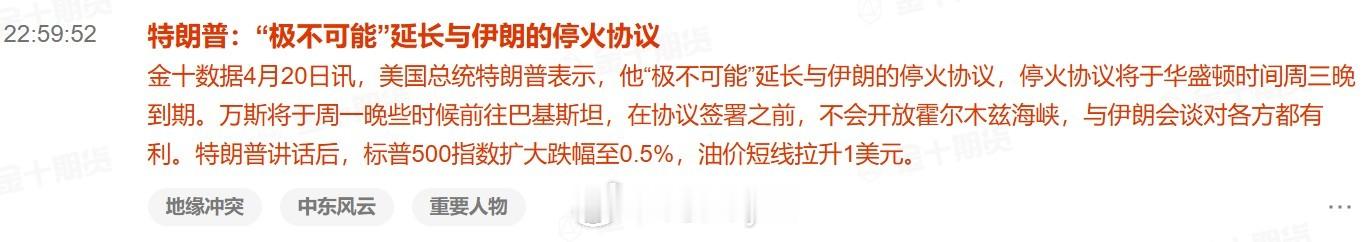 美国总统特朗普表示，他“极不可能”延长与伊朗的停火协议，停火协议将于华盛顿时间周