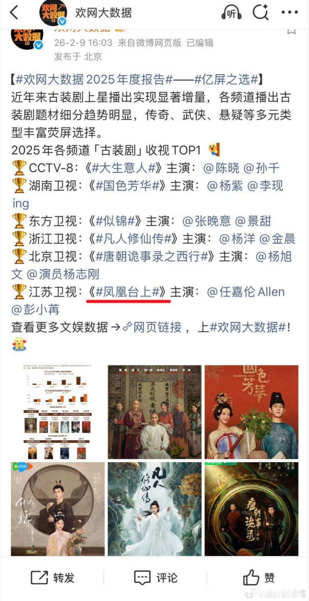 任嘉伦主演电视剧《凤凰台上》拿下2025年江苏卫视「古装剧」收视TOP1 🎉?