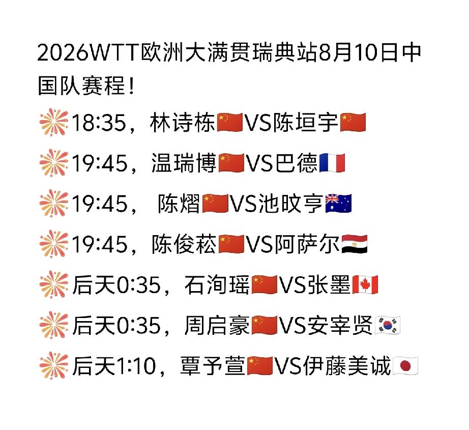 无缝衔接，
瑞典大满贯明天（8月10日，周一）赛程来喽[捂脸]，
2026WTT