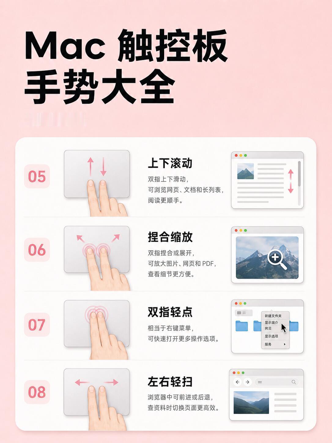 Mac触控板实用手势刚开始用 Mac 的时候，我也只是会点击、拖动、上下滑动，后