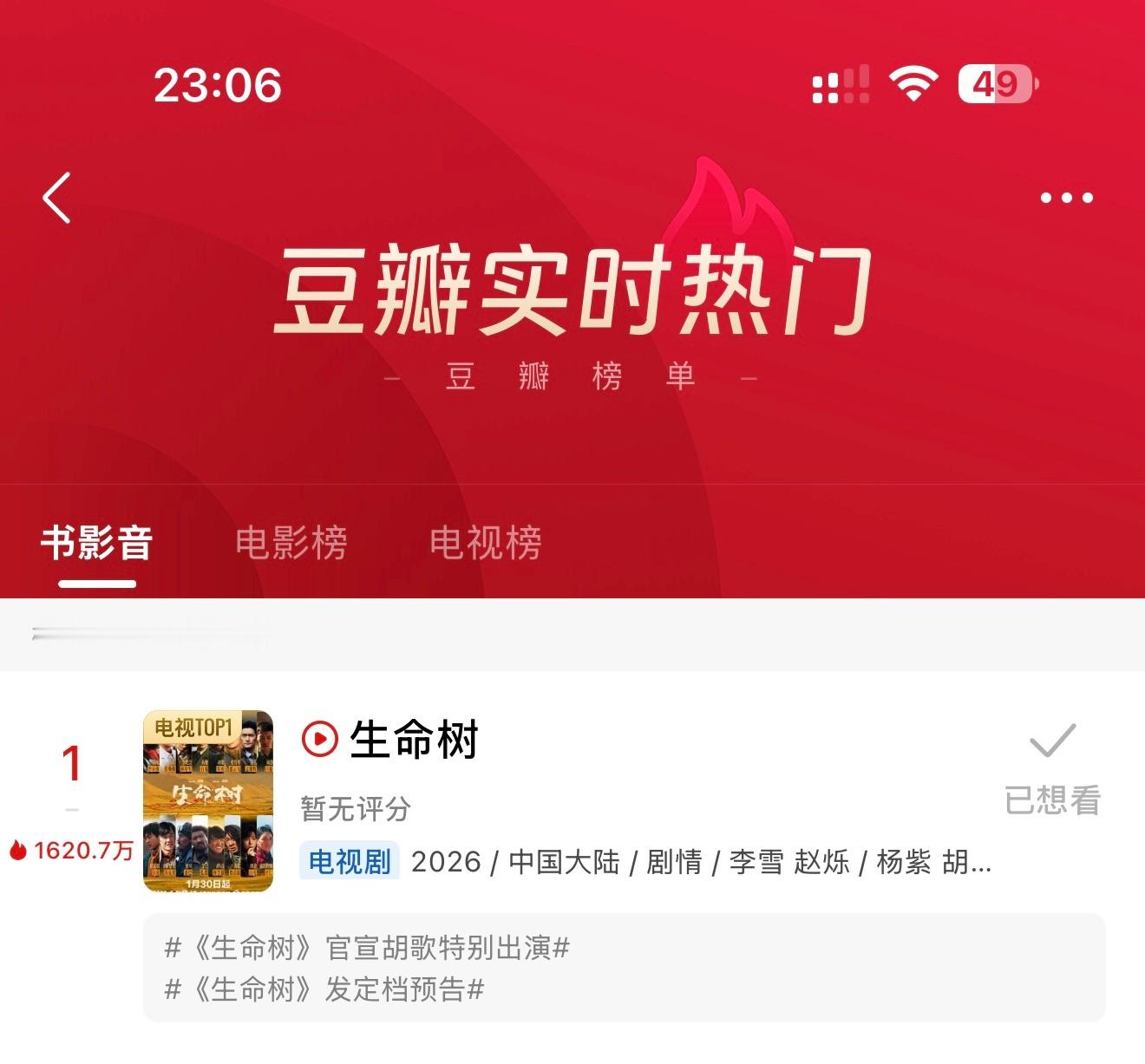 粉丝、观众和夏家们送来的热度我们生命树全部笑纳了生命树 侯鸿亮生命树豆瓣已锁