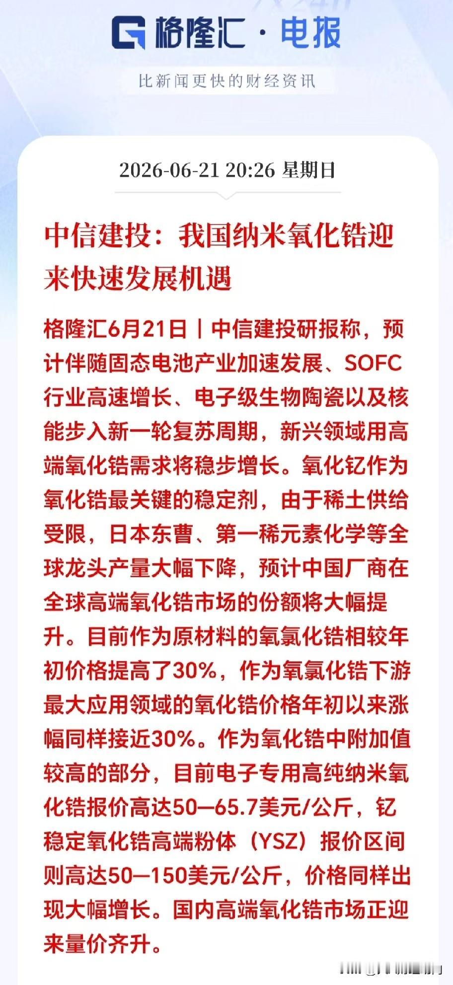 深夜突发！刚刚刷到这个行业要涨价了，A股相关概念有望迎来提价利好情绪。

氧化钇