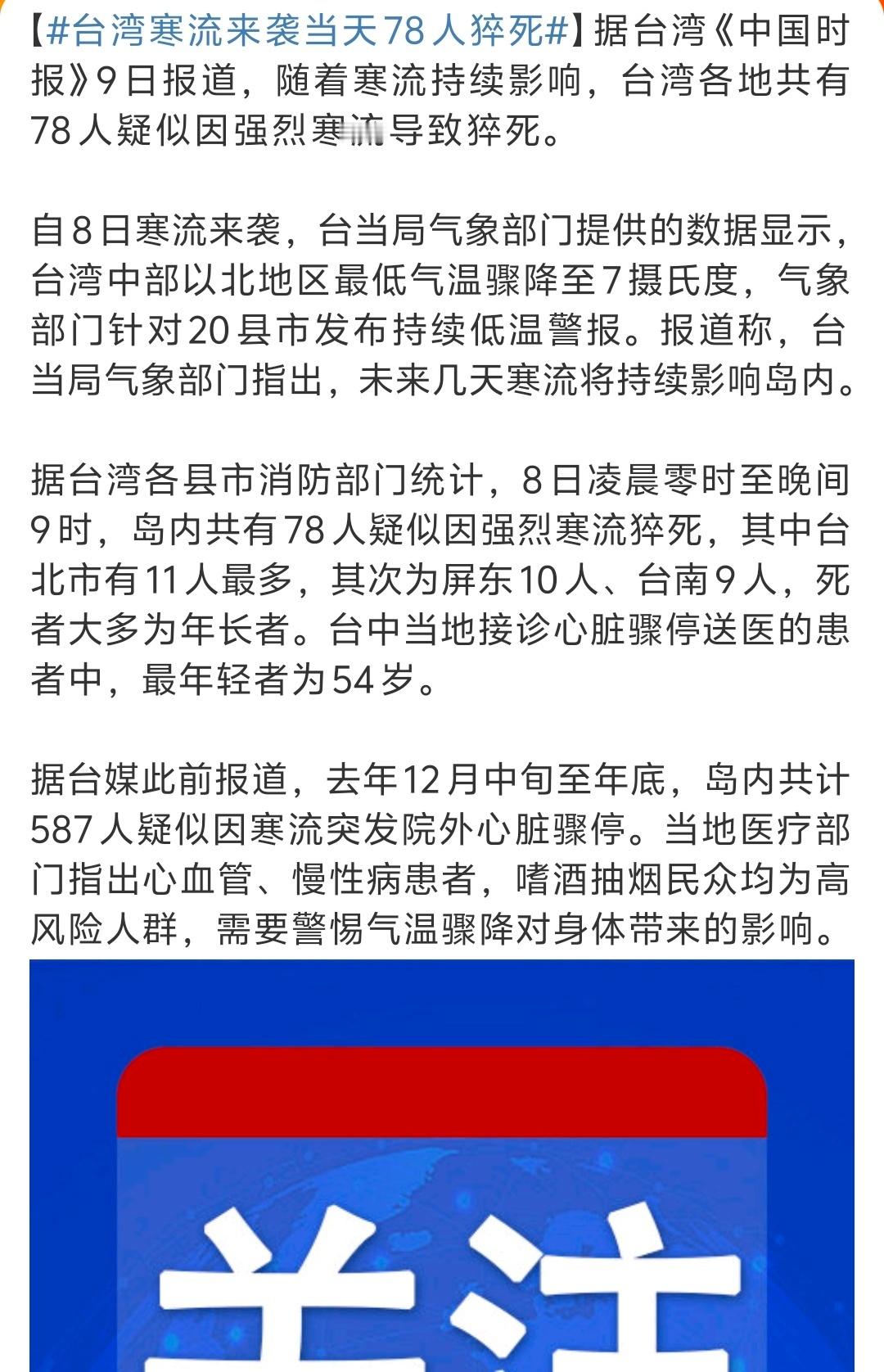 台湾寒流来袭当天78人猝死  寒流气温降至7℃ 台湾就这样了[吃惊] 