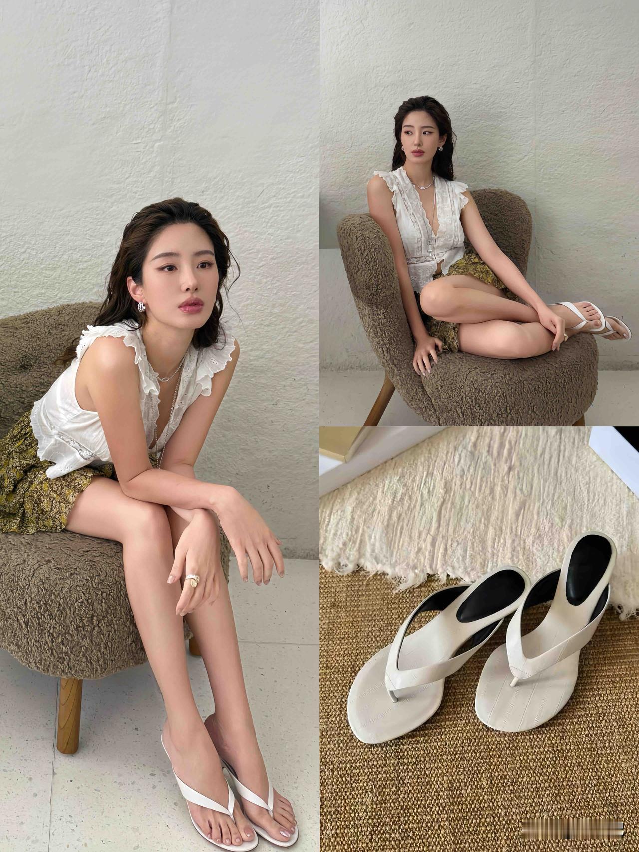 杨采钰精致蕾丝上衣，居然搭配了一双人字拖
