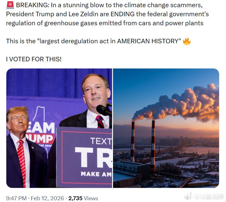 特朗普总统和李·泽尔丁正在终止联邦政府对汽车和发电厂排放温室气体的监管。这是“美