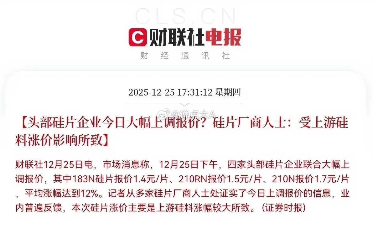 盘后利好来袭！2025年12月25日财联社消息，四家头部硅片企业联合大幅上调硅片