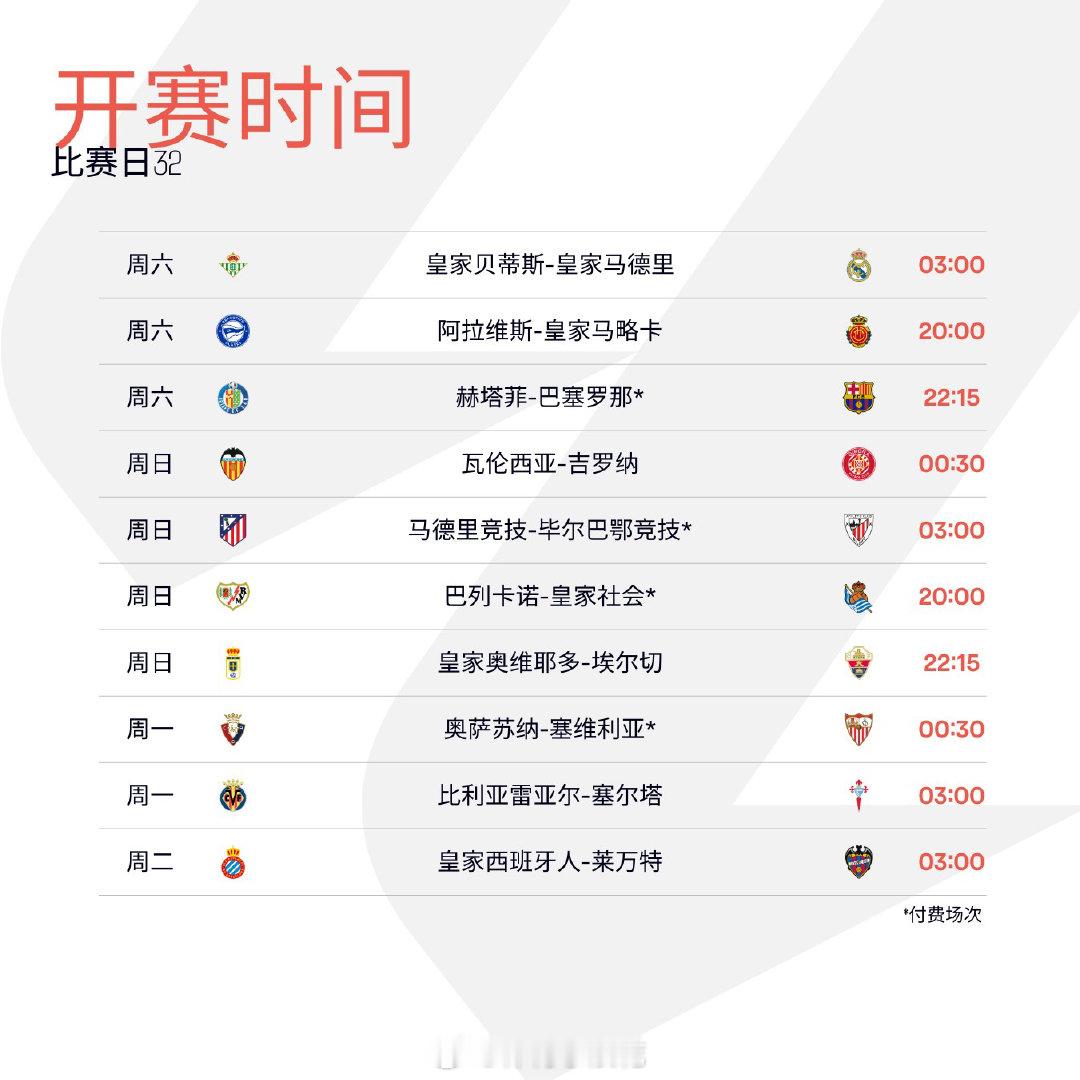 西甲第32轮 比赛时间出炉 📅一周双赛，周末皇马客战贝蒂斯，巴萨客战吉罗纳LA