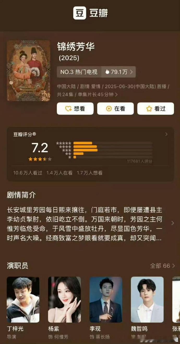 哇哦！《锦绣芳华》豆瓣评分 7.2 分。它延续《国色芳华》精彩，将商战与权谋交织
