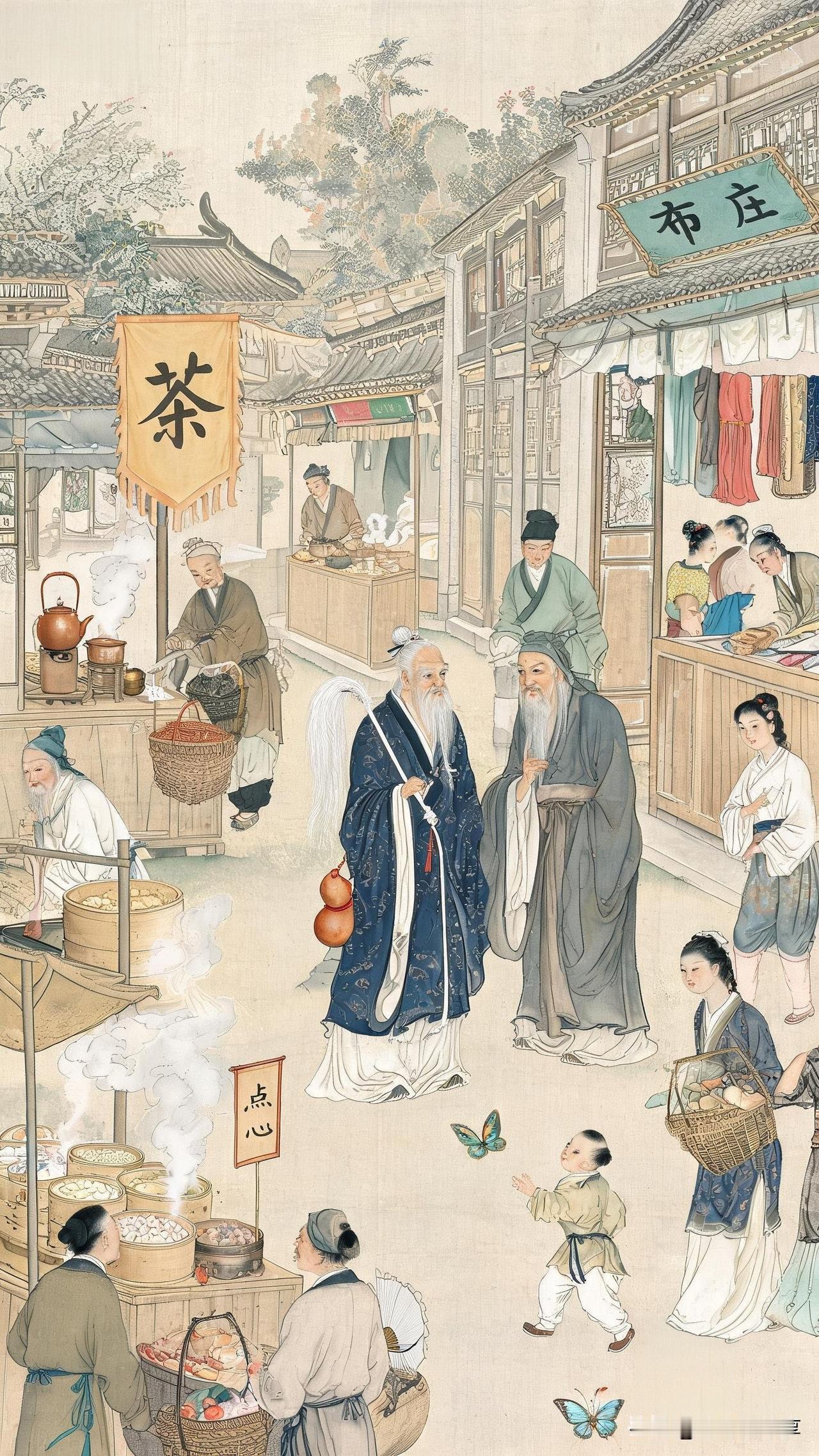 鹧鸪天·市井繁华

街巷喧阗日影长，
茶烟袅袅透清香。
布庄锦绣堆云锦，
食肆蒸