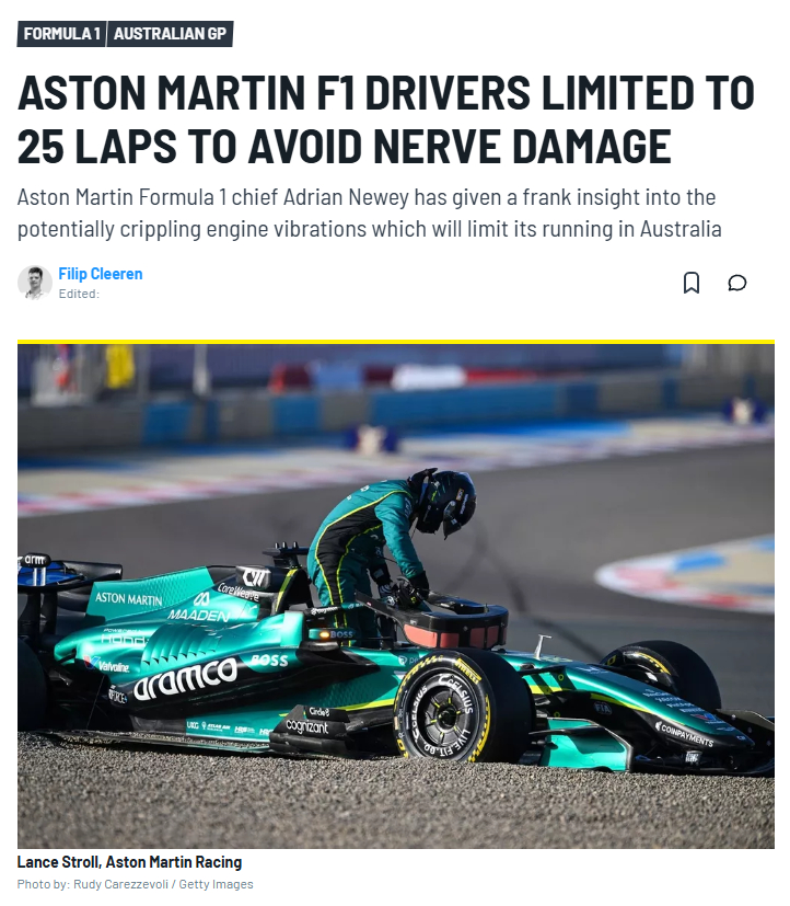 阿斯顿·马丁车队领队纽维透露，他们正面临极其严重的本田动力单元振动问题，车手只能