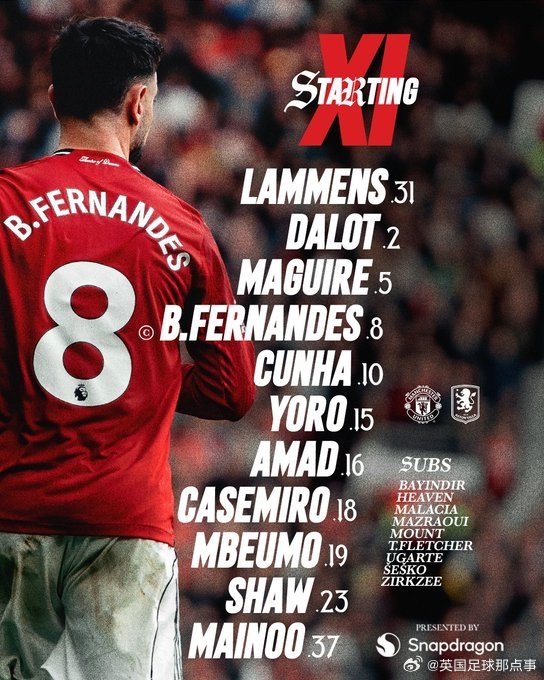 曼联vs阿斯顿维拉 首发阵容⬇️  22:00开赛！曼联首发：31-拉门斯、2-