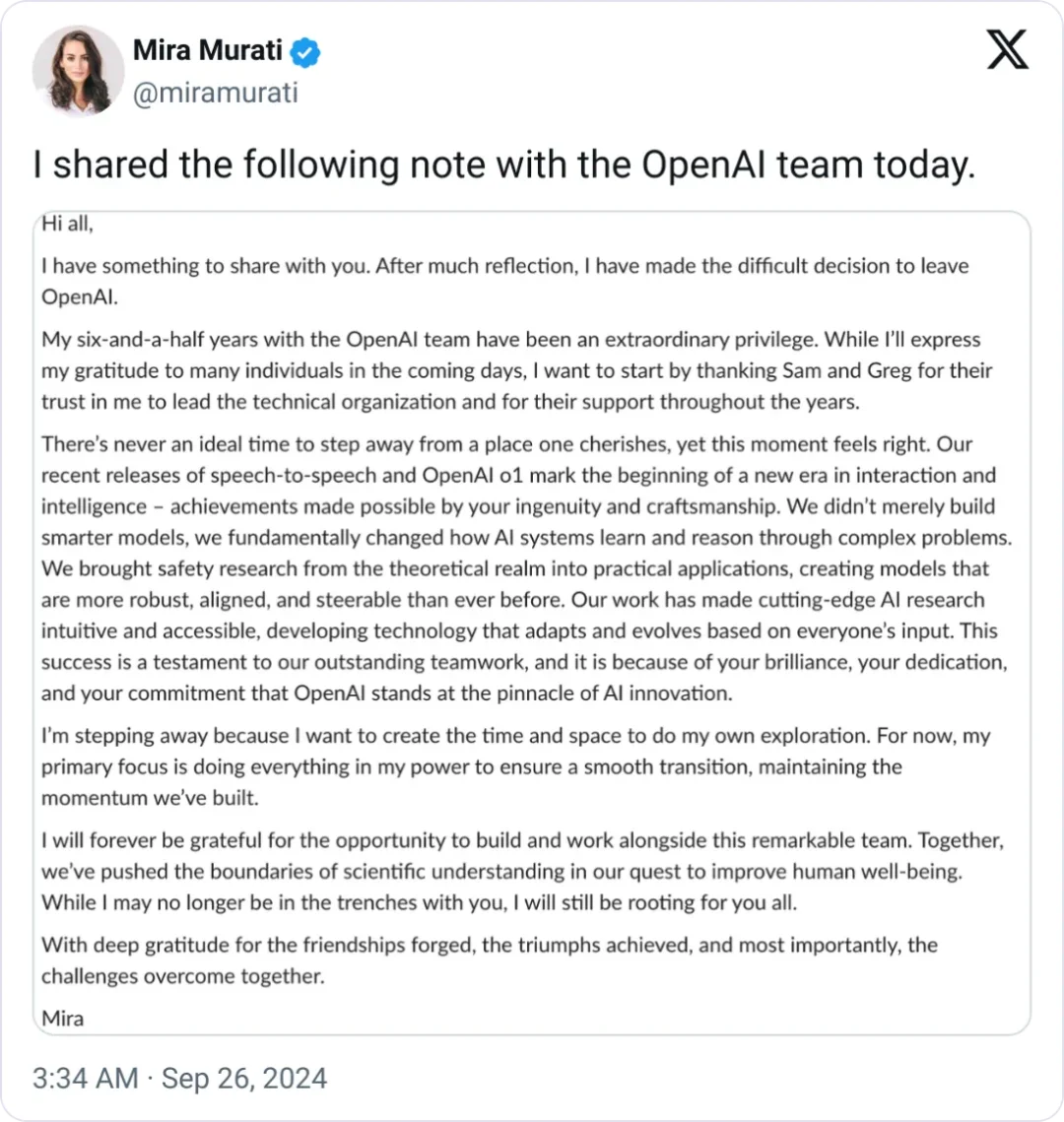 OpenAI CTO Mira Murati 离职