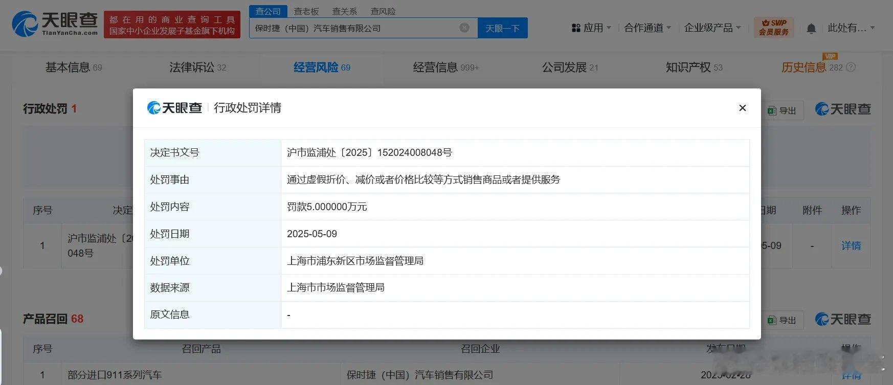 近日，保时捷（中国）汽车销售有限公司因通过虚假折价、减价或者价 格比较等方式销售