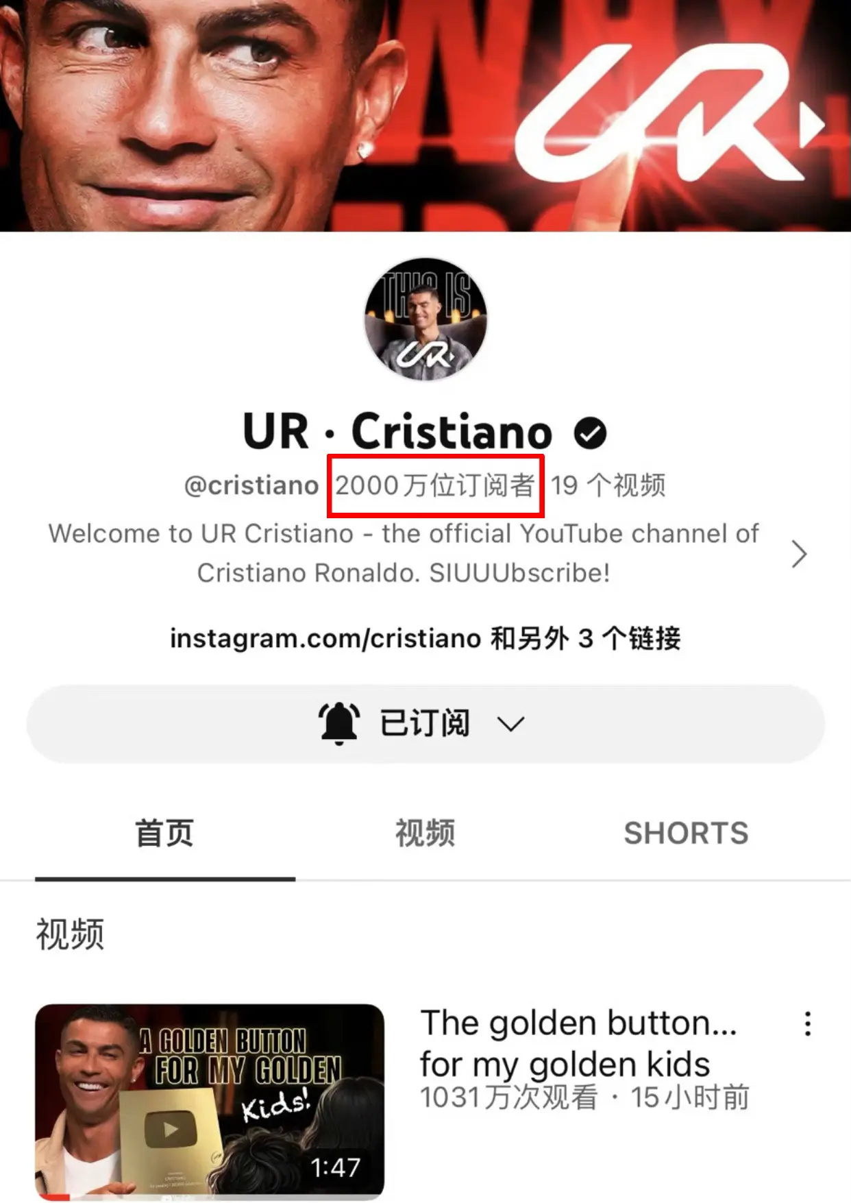 昨天开通YouTube个人频道 在24小时后订阅超过2000万！也陆续...