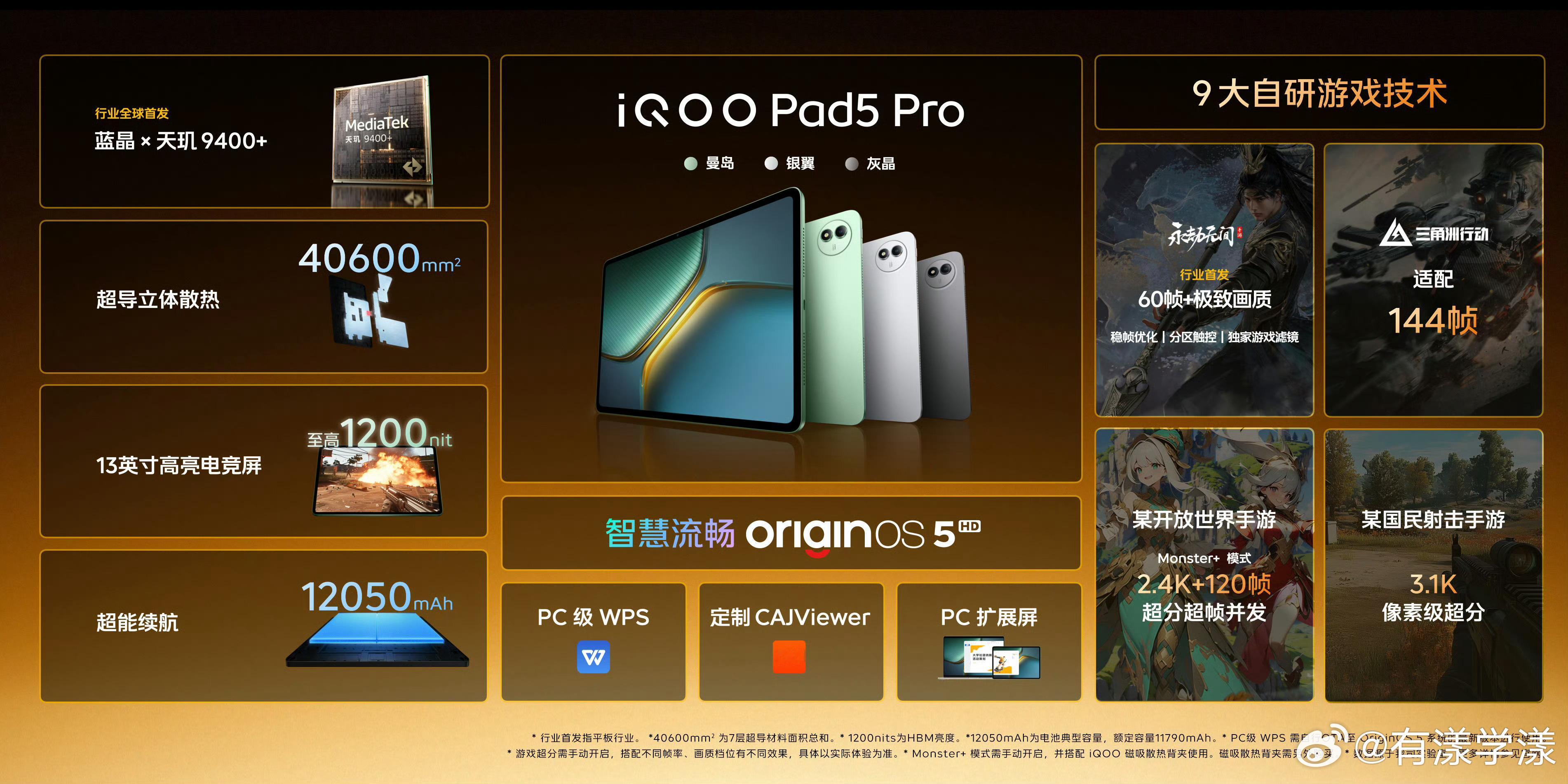 今天还有两款高性能平板，iQOO Pad5（天玑9300+）和iQOO Pad5