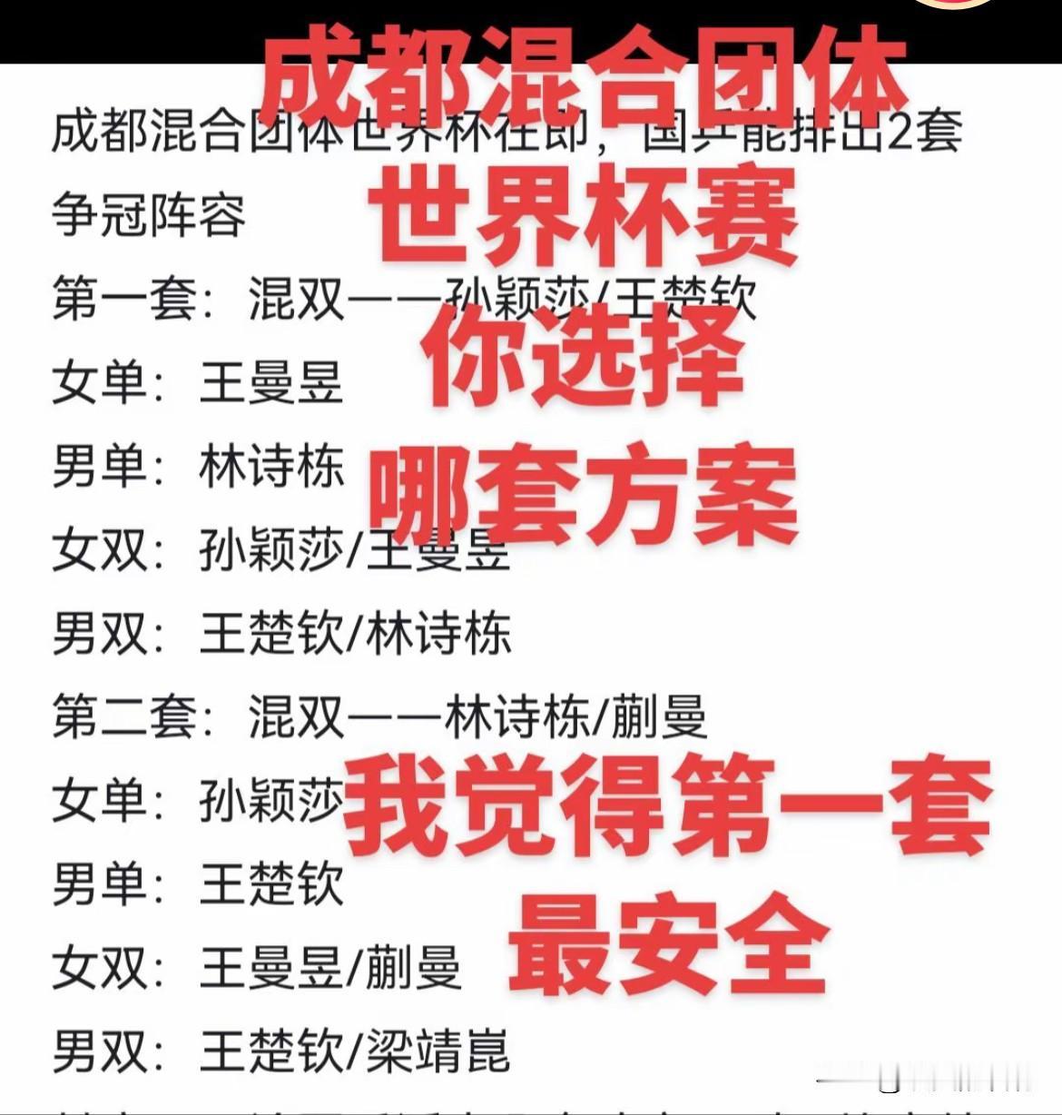 男双必须王楚钦林诗栋
我希望成都混合团体世界杯国乒方案
混双：林诗栋蒯曼
女单：