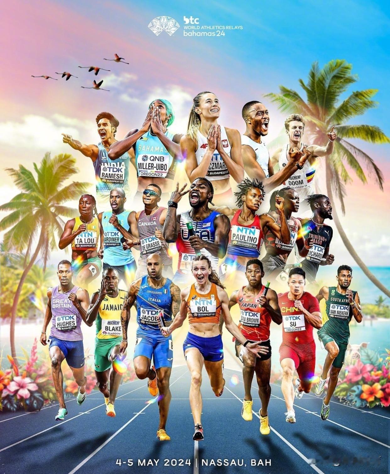 世界田径联合会于今天发布海报，国际田联世界接力赛将于5月4日在中美洲国家巴哈马开