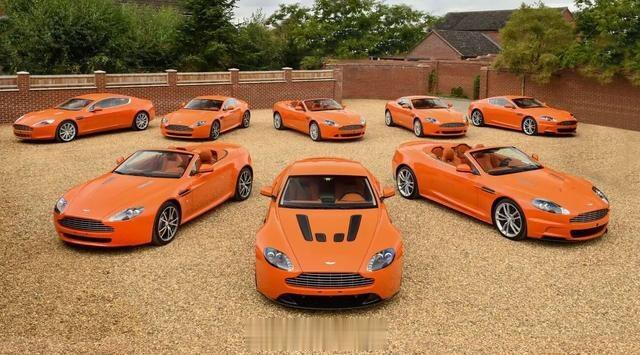 #大v聊车# 【罕见，荷兰收藏家一口气出售8台橙色阿斯顿.马丁】在绿茵场上，荷兰