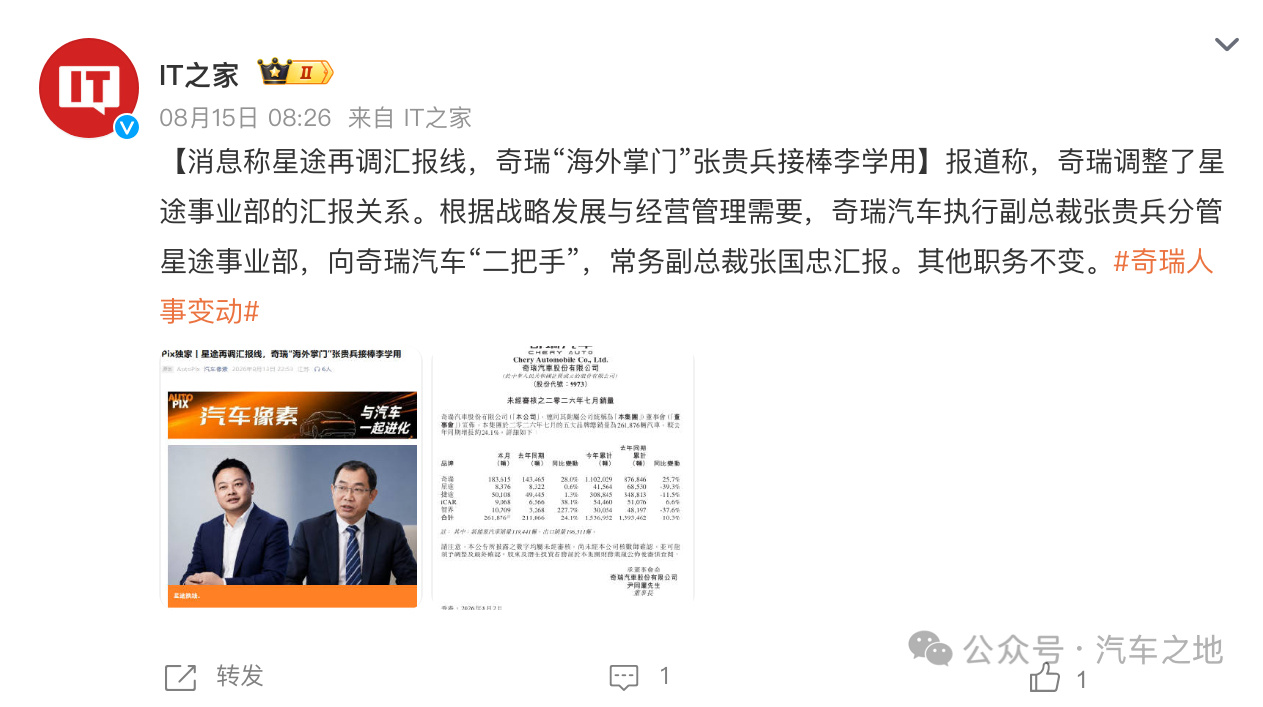 车市观察  据媒体报道称，为加快星途高端品牌全球化进程，奇瑞执行副总裁、国际业务