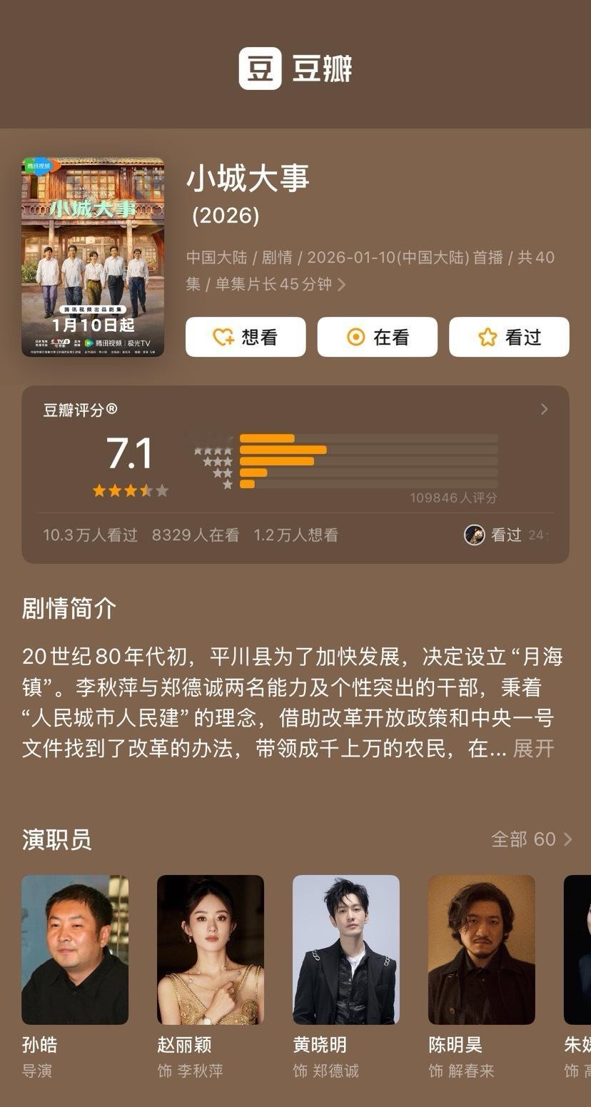 小城大事豆瓣开分7.1  朱媛媛领衔主演电视剧《小城大事》豆瓣开分7.1分，据猫