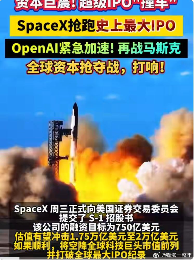 史上最大IPO就要来了 SpaceX估值冲刺2万亿美元，如果顺利上市，这意味着S